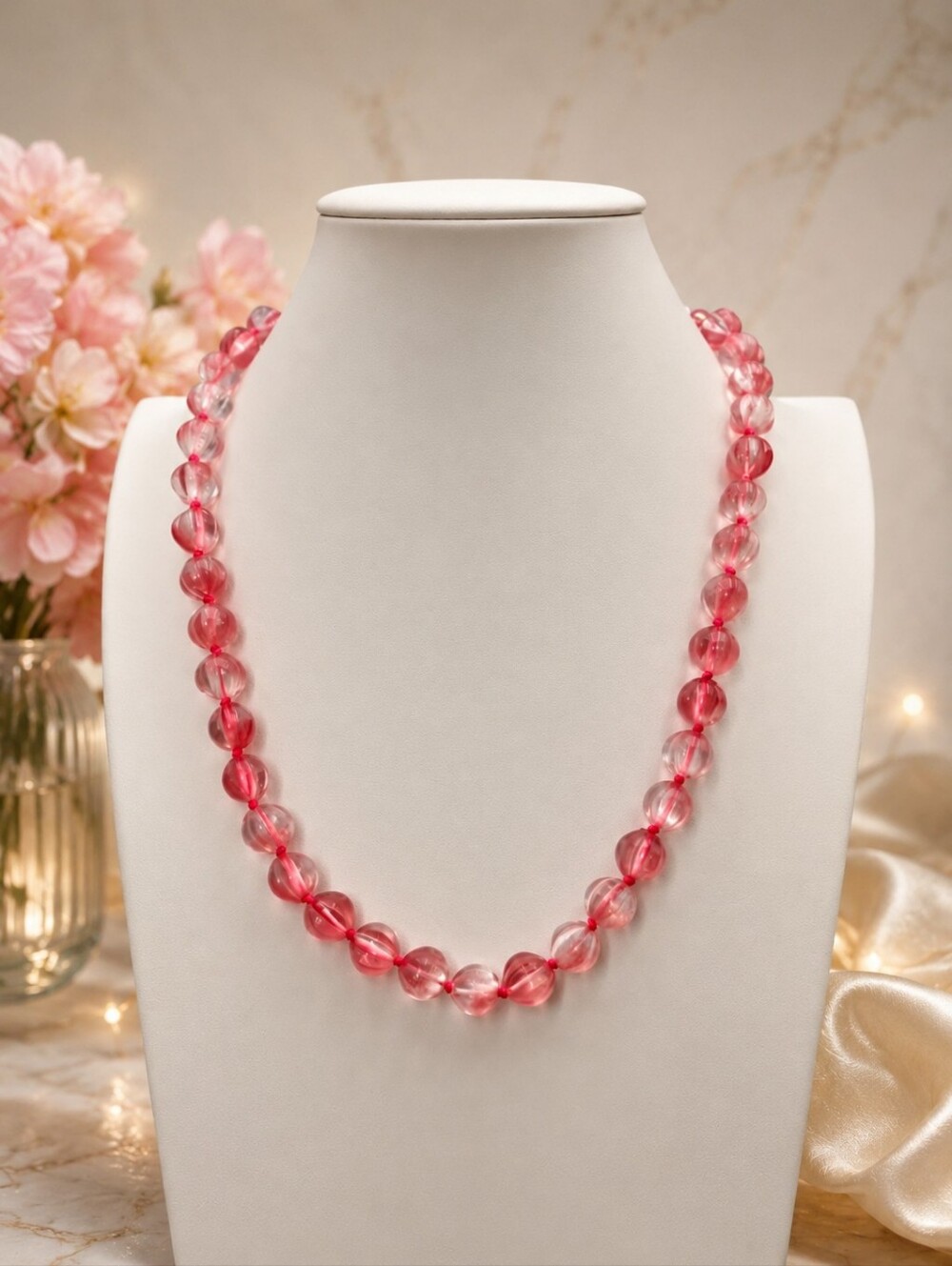 Pink pumpkin Glass hand knotted 20 inch necklace Aprilsplace